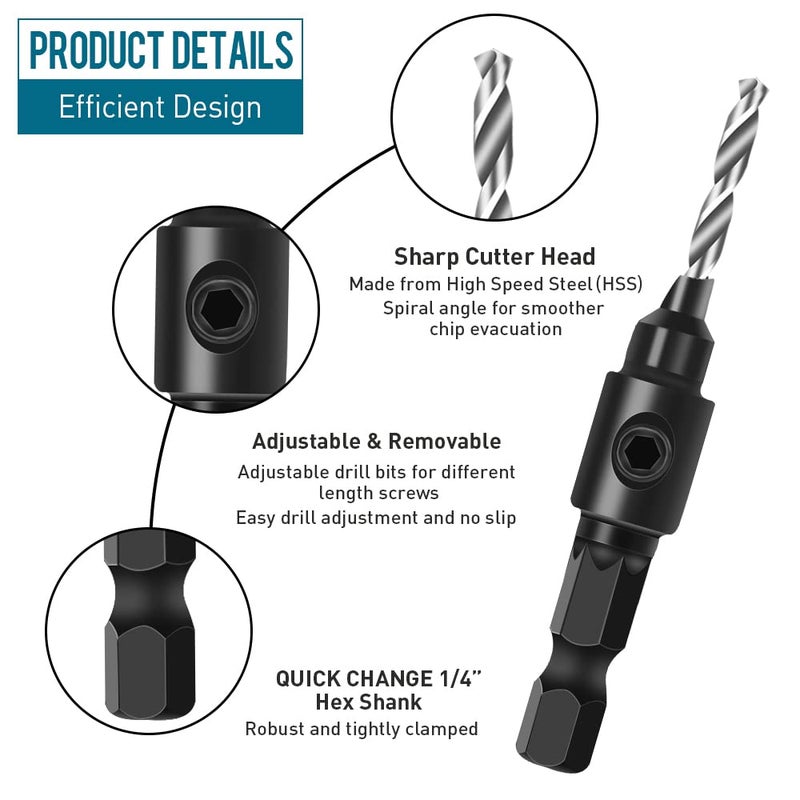 shengbenhao Countersink Drill Bit Set for Wood  3 in 1 Woodworking Countersink Counterbore Drill Bit Set with Adjustable Depth Stop  #5  #6  #8  #10  #12  82-Degree Chamfer  1/4"" Hex Shank Quick Change - Image 3